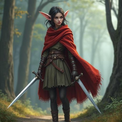 Semi-elf character wearing a comfort cloak equipped with two short swords. The environment features a stylized 2.5D effect with intricate character models.