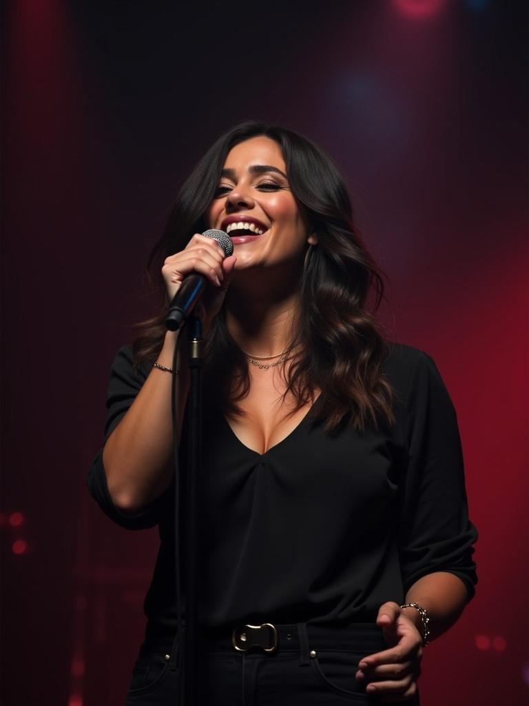 Woman on stage singing in a music venue. She is wearing dark clothing and makeup. Her long dark hair falls over her shoulders. She holds a microphone. The performance setting has a red and dark color scheme. The singer is enjoying the performance and appears confident.