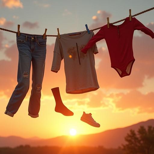 Golden hour sunset sky filled with playfully scattered laundry. Jeans colorful socks t-shirts hoodies suspended mid-air. Garments billow naturally with realistic movement. Subtle dirt smudges and wrinkles for authenticity. Grass-stained knees on jeans. Mismatched sock with a hole mid-flight. Inside-out hoodie with loose threads. Warm sunset glow backlighting fabrics. Soft lens flare off a zipper. Floating soap bubbles. Central red underwear like a superhero cape. One sneaker tumbling with loose shoelaces. Distant mountains tree silhouette.
