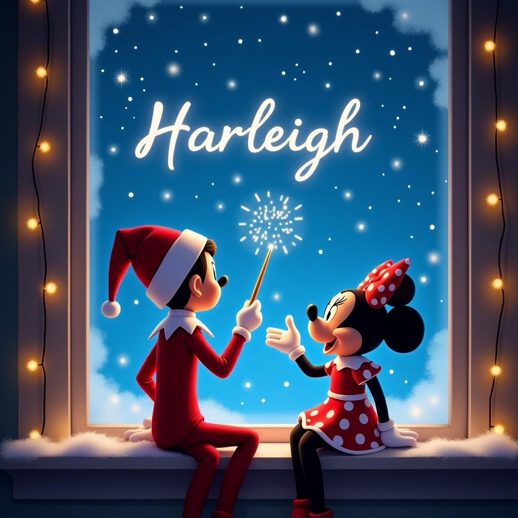 An elf on the shelf sits on a windowsill. Elf uses a magical wand to write 'Harleigh' in the night sky. Minnie Mouse sits next to him looking joyful. The window has glowing lights. Snowflakes gently fall outside.