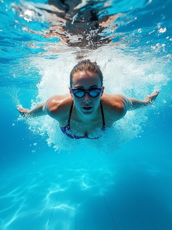 Dynamic underwater swimming scene featuring a female swimmer. Bright blue water with splashes. Close-up of swimmer in motion. Focus on athleticism and grace. High contrast colors with a realistic style.