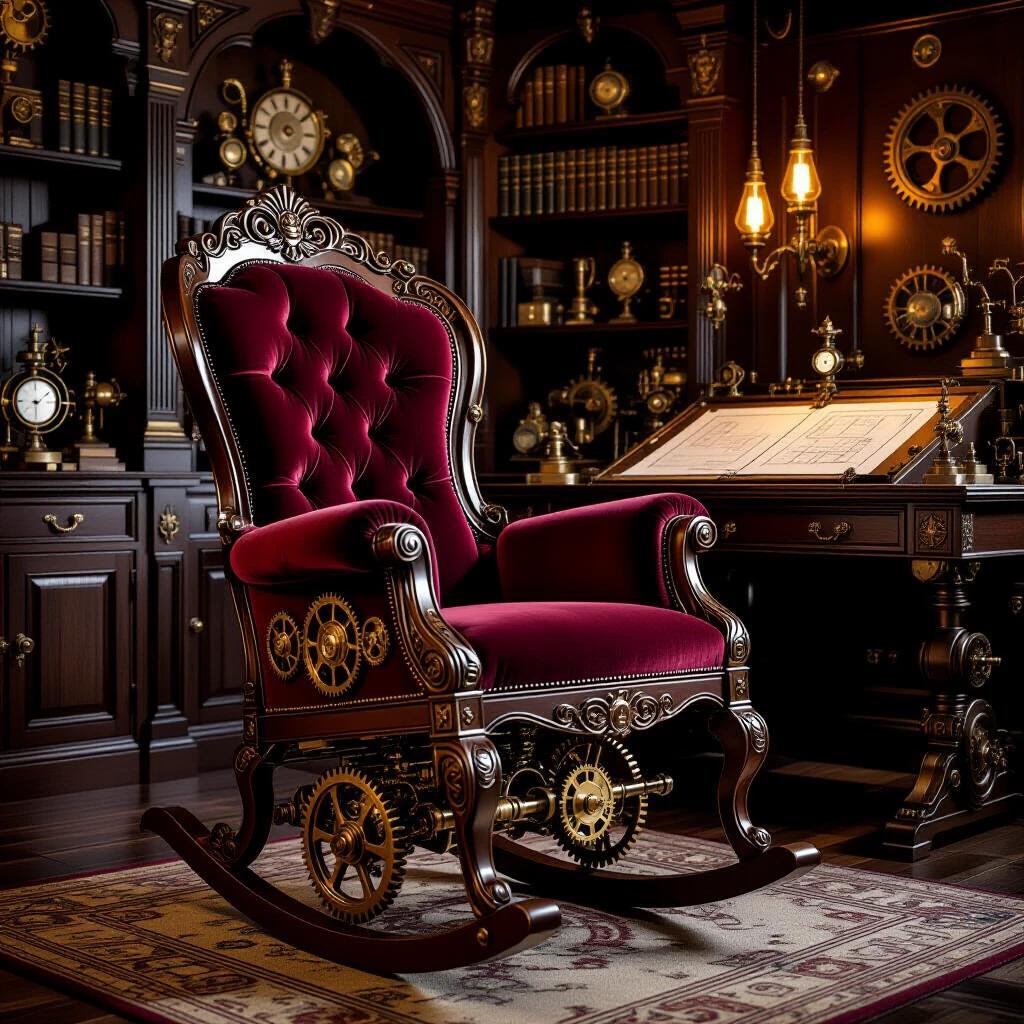 Highly detailed image of a rocking chair blending Victorian elegance and steampunk mechanics. Chair has mahogany and velvet upholstery. Room filled with brass instruments and mechanical prototypes. Dark wood bookshelves and warm lighting. Side-profile perspective highlighting craftsmanship and machinery.