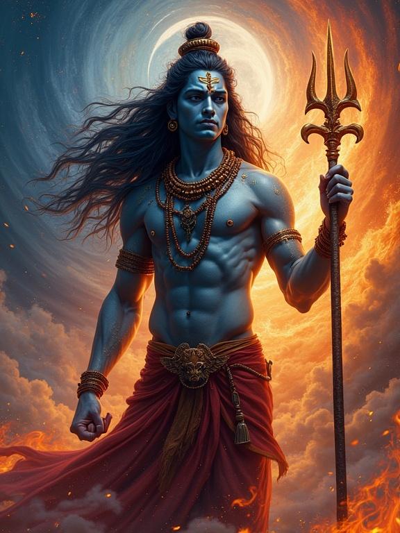 Depiction of Lord Shiva in a cosmic setting with a swirling vortex of crimson and cobalt hues. Long hair flowing adorned with a crescent moon on the forehead. Muscular physique highlighted by golden light showing beaded adornments and a trident. Flames and clouds surrounding him creating a dynamic aura.