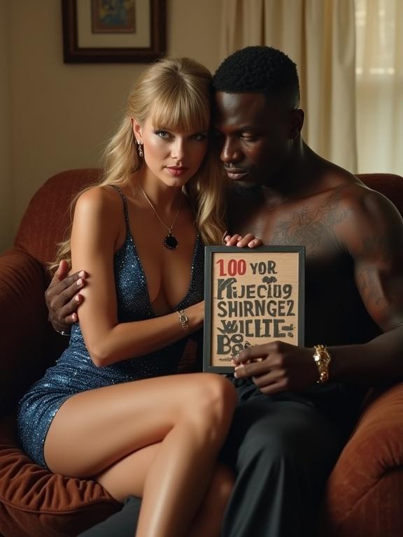 A couple sitting on a couch in a motel room. Woman is wearing a sparkly blue dress and a black necklace. Man is close to her, holding her affectionately. Woman has long blonde twintails and heavy makeup. She holds a sign.