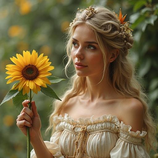 Woman holding a sunflower. She embodies elements of a Roman goddess. Her attire features soft colors and floral accessories. The background has a warm and inviting atmosphere with sunflowers.