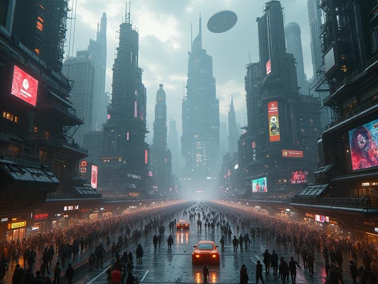 Bird eye view cinematic concept art of a sprawling futuristic cyberpunk city with high-tech skyscrapers. An enormous mega-structure towers above casting shadows. Streets are alive with diverse crowds and futuristic vehicles. The environment is illuminated by vivid neon lights, holographic advertisements, and glowing signs. Above, interstellar spacecraft cruise silently across the horizon. The atmosphere is dense with smog and rain mist. Ultra-detailed, high resolution, professional sci-fi concept art style.