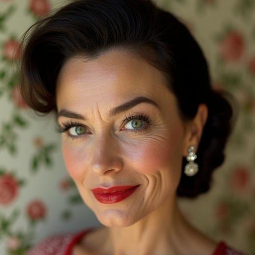 Portrait of a beautiful 50-year-old housewife with face wrinkles and chubby round face. Hair styled in a classic 1950’s manner. Slightly smiling with closed mouth and big red lips. Features beautiful green eyes and diamond hairrings. Floral wallpaper in the background.