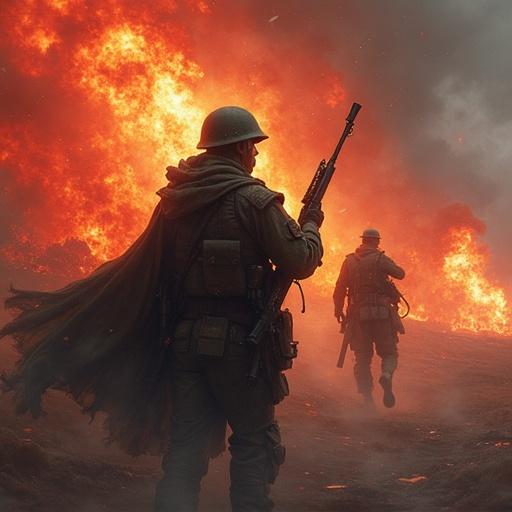 Soldiers in a battlefield during World War II. They march away from a massive explosion. Dark smoke and flames fill the background. Dramatic atmosphere with intense action.