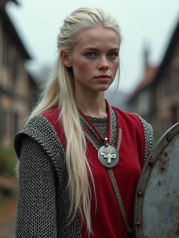 Photorealistic image of a beautiful young woman in medieval village. Lean body. Caring expression. Long pale blonde hair. Pale scarred skin with freckles. Pale blue eyes. Wearing shiny steel chainmail coat covered with red tabard lined with white. Shining silver pendant with two hands symbol. Holding mace and heater shield. Full body shot.