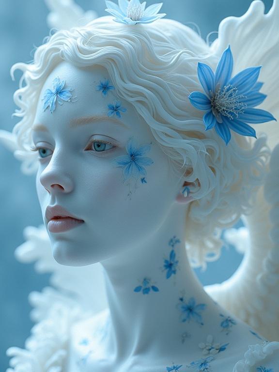 Portrait of a beautiful angel with porcelain skin. Angel features soft white curls and blue flowers on the face and body. The background is ethereal and dreamy. Surreal and abstract style with floral patterns.
