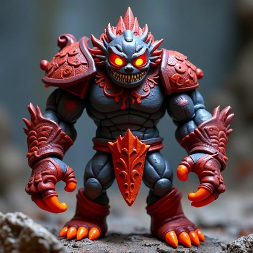Create a fantasy cartoon-style monster toy resembling early 2000s collectibles. This is Lava Brute, a powerful tribal warrior standing 10 cm tall. Thick lava-like armor and a mask with glowing red eyes. Toy-like appearance with no realistic anatomy. Molten rock arms and a backplate boasting lava textures. Use a cartoon style with high-contrast colors and hard plastic effects.