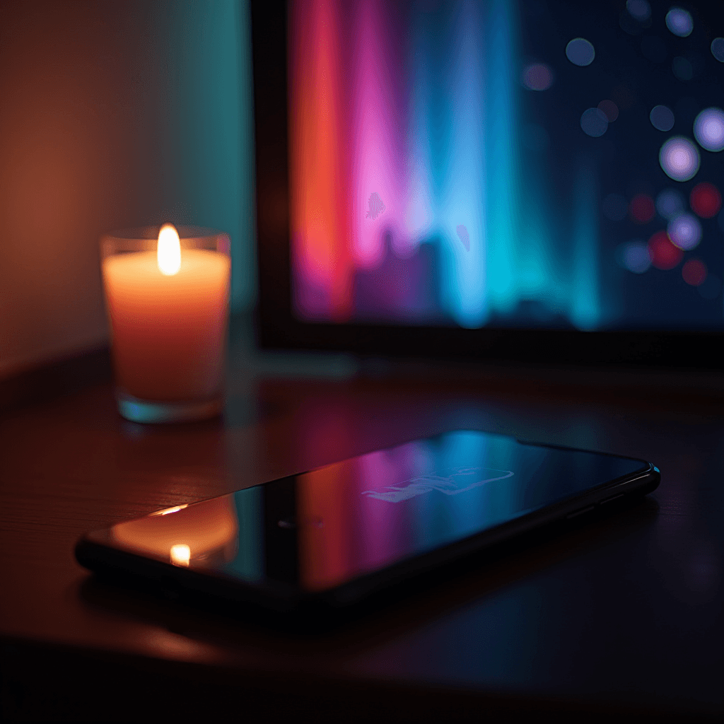 A glowing candle and a vibrant screen light up a phone on a wooden surface.