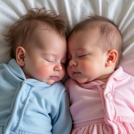 Two newborn twin babies, a girl and a boy, boy in blue clothing, girl in pink, same size, peacefully sleeping. Text visible: "07.05.2025 Hoşgeldin Elisa & Ali Aras". Soft pastel colors, loving atmosphere.