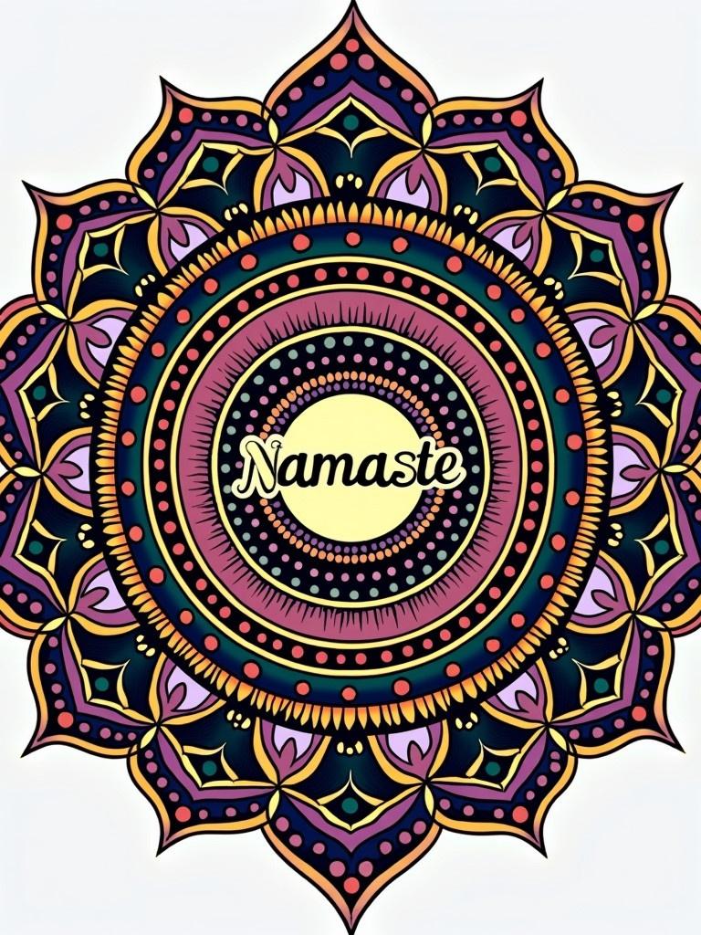 Colorful mandala style design features the word Namaste at the center surrounded by intricate patterns. The design consists of black gold and purple colors with complex shapes and details.