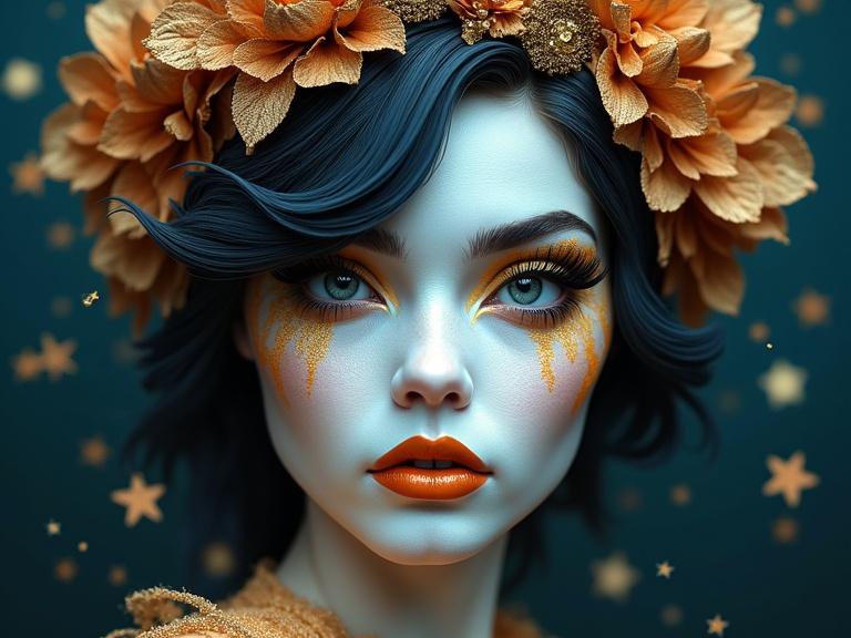 Origami paper folds artistic representation with supermodel featuring elaborate face paint. Mossy dark hair styled with a whimsical expression. Nighttime setting with textured stars and full moon. Focus on dramatic metallic colors with a soft focus effect.