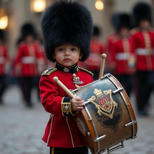 Hyper-realistic photo of a cute toddler dressed in a British royal guard uniform playing a large marching bass drum at a nighttime parade. The child uses soft mallets, striking the drum strapped to his chest. The baby is focused and expressive, wearing a red jacket and a tall black hat. The setting features stone pavement and warm cinematic lighting.