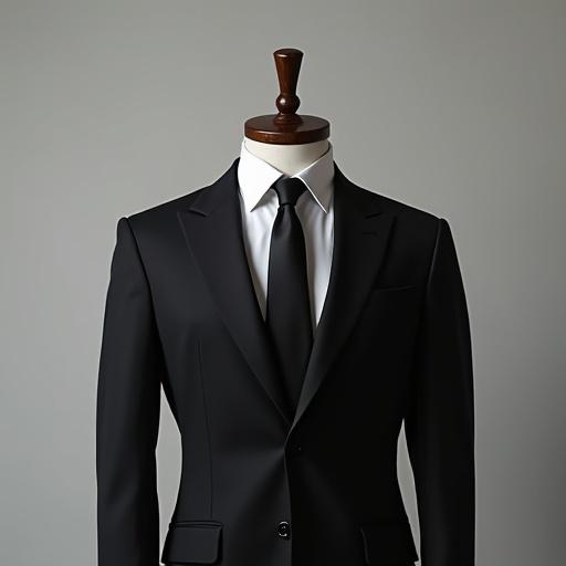 Manikin wearing a tailored black suit with black pants, white shirt and black tie. Suit shown in a straight-on view.