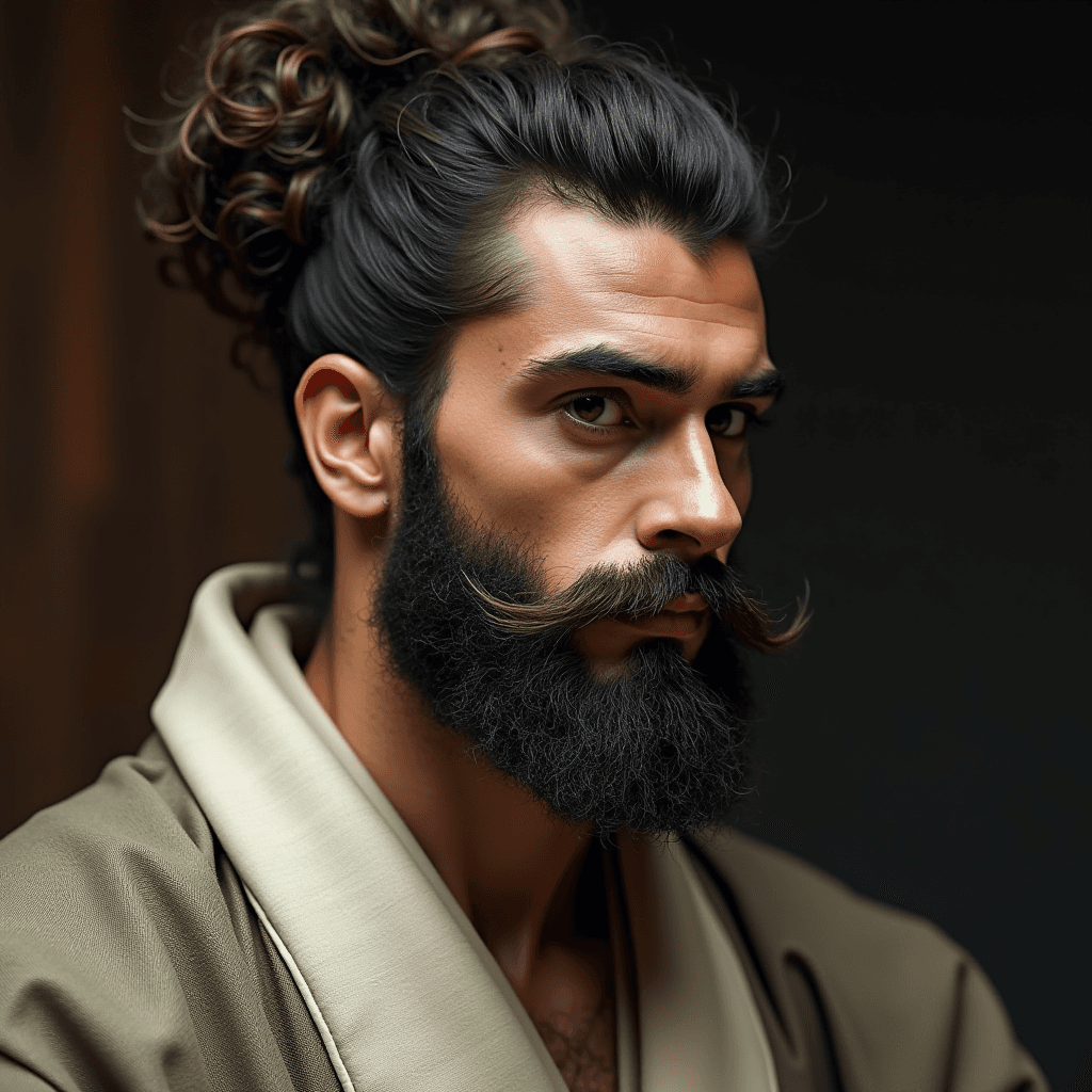 A man with curly hair and a thick beard is wearing traditional clothing, gazing thoughtfully to the side.