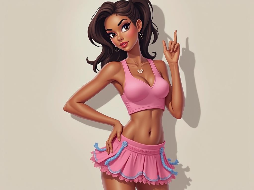 The image features a female subject with a light brown skin tone and dark brown hair styled in a high ponytail. She is wearing a revealing pink top with a heart-shaped cutout alongside a matching pink skirt with blue accents and lace detailing. The pose is playful, with one hand raised and the other resting on her hip. The composition highlights her figure and outfit, while the lighting casts soft shadows creating a flattering three-dimensional effect.