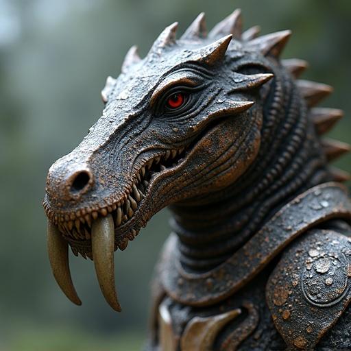 A detailed dragon-like creature with metallic skin features. The creature has a fierce expression with prominent tusks. The design resembles armor with textured scales that shine. The background is blurred with greenery.