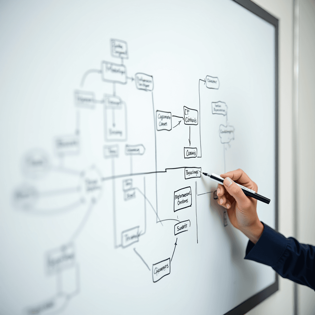 A hand is drawing a flowchart with a pen on a whiteboard.