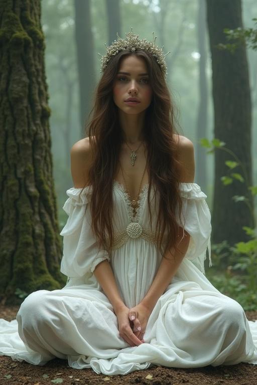 Image depicts a beautiful young girl with long brown hair wearing an ethereal white gown. She sits in quiet meditation in a misty forest. There are trees around her creating a magical environment.