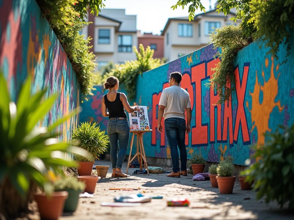 The image depicts two artists working collaboratively in a vibrant alley adorned with colorful murals. The alley features a large orange wall with the word 'ART' prominently displayed. Various plants and artistic materials are scattered around, emphasizing the creative atmosphere. The sun casts a warm glow on the scene, highlighting the artists as they engage with their project. This setting showcases the beauty of urban creativity and community collaboration.