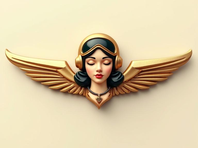 3D depiction of a vintage pilot insignia featuring a female pilot with geometric wings. The pilot wears a helmet and necklace. The insignia is mostly gold with accents of onyx and coral. Background is plain and the piece is in sharp focus, highlighting its details.