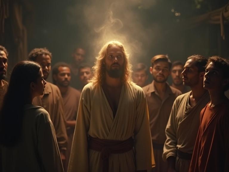 Villagers are watching Enoch with puzzled expressions. He glows faintly with divine light. The scene shows realism and uses muted tones. Image has a 9:16 aspect ratio.