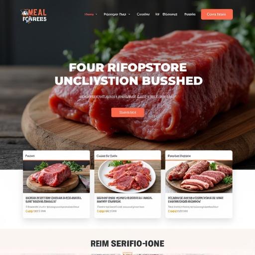 Web design layout for a meat store. Focus on user-friendly design. Modern aesthetics for a meat company's online presence. Prominent display of meat products.