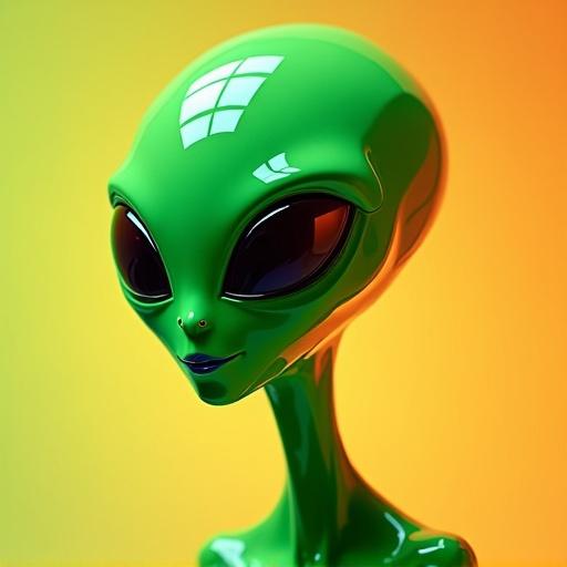 A portrait of a friendly alien in low poly style. The alien features vibrant neon green skin and glossy reflective surfaces against a neon orange background. It has large expressive eyes and a joyful expression.