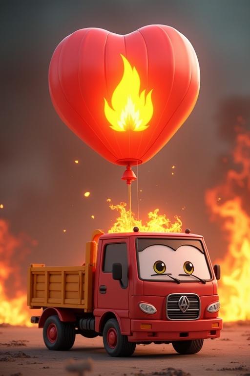 3D animation of a cheerful fire truck with a hot air balloon shaped like a heart emitting flames in a playful and vibrant scene.