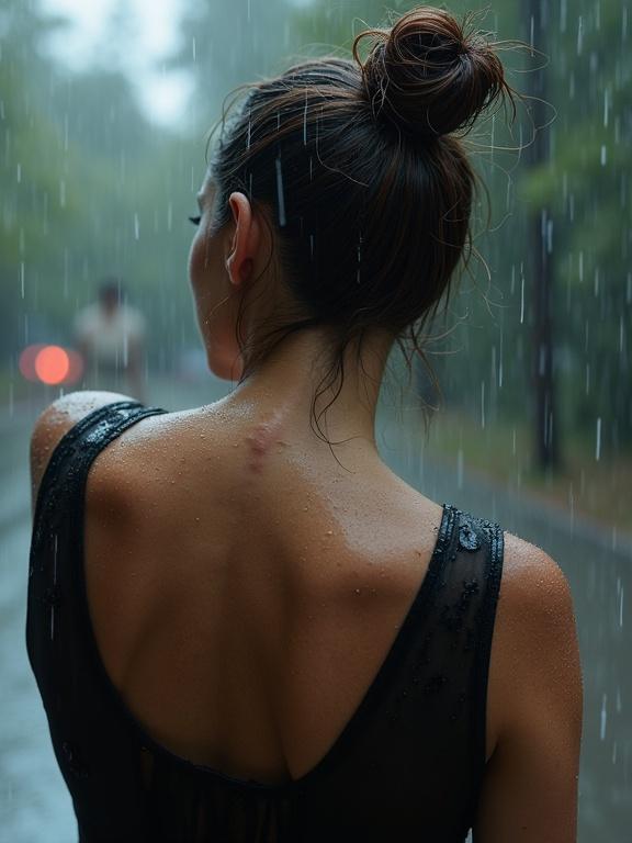 A woman ties her hair in a bun while rain falls on her soaking her sheer top. Goosebumps are visible on her skin from the cold rain.