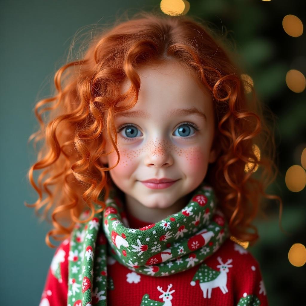 Redhead girl with curly hair and blue eyes. Freckles on her face. Wearing winter clothes with a Christmas theme. The scene has a cozy atmosphere with lights in the background.