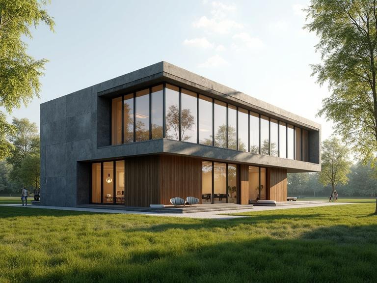 Modern artistic building designed as an office with large windows one floor without people. Features a sculpture in the garden. Captured in the morning. Using rule of thirds for composition. Photorealistic representation with soft shadows and a big garden in the background during spring. High-quality materials are evident.
