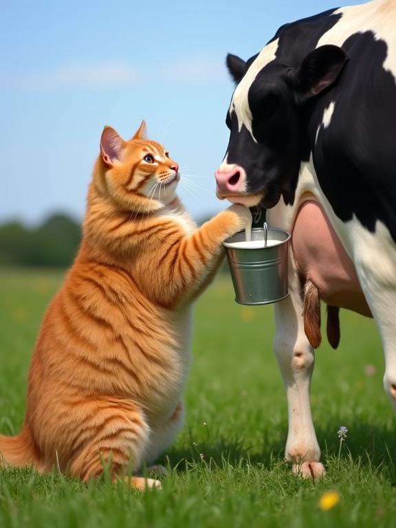 Medium shot of a humorous scene. Chubby orange tabby cat on hind legs. Cat using front paws to milk a Holstein cow. Milk squirting into a small metal pail. Sunny green pasture background with blue sky. Whimsical and funny atmosphere.