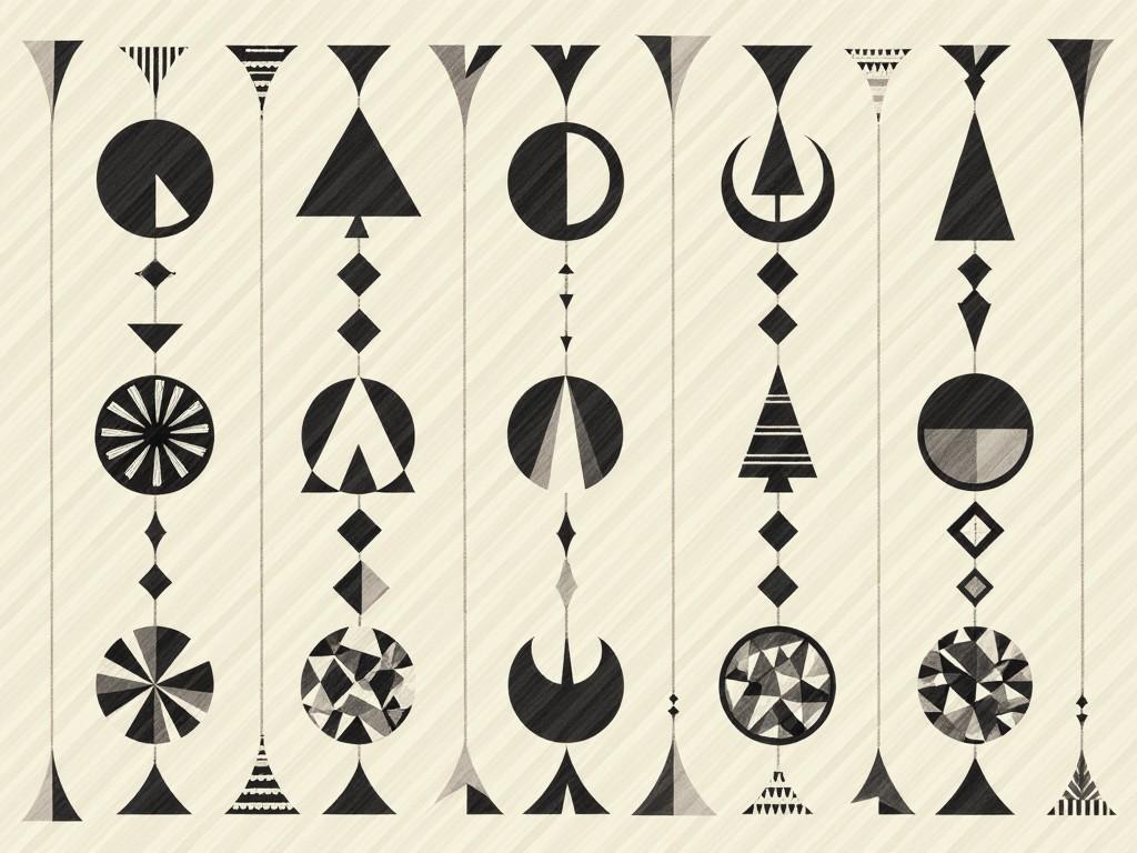 This image features a captivating arrangement of geometric shapes in black and white. The design includes a variety of circles, triangles, and abstract forms, creating a visually dynamic composition. Each shape contributes to the overall symmetry and balance of the piece. The patterns are orderly and repeat in a vertical format, suggesting a sense of rhythm. The clean lines and contrasting colors provide a modern aesthetic, making it suitable for various applications.