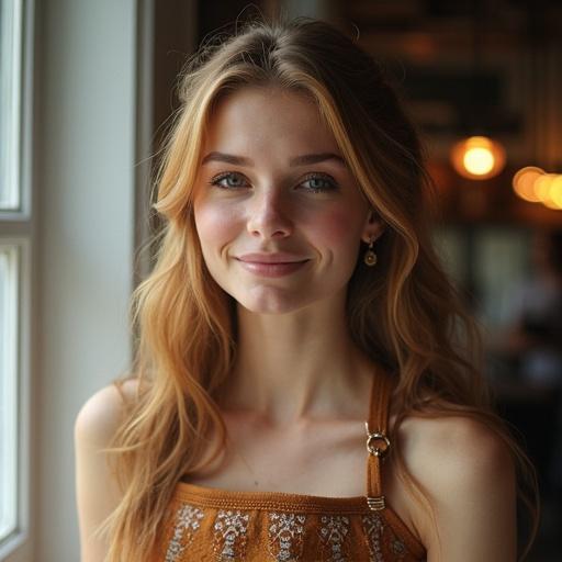 A young woman smiling in shoe store. She has long blonde hair and casual attire. The setting is inviting and warm, with soft lighting and a friendly atmosphere.