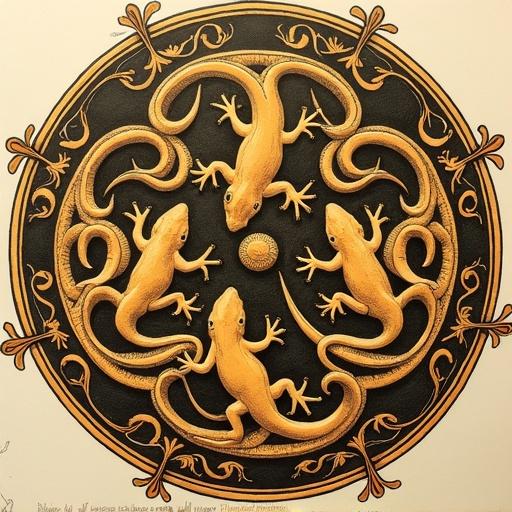 Highly detailed hyperbolic tessellation featuring interlocking lizards with spiral tails. Lizards decrease in size towards outer edge. Warm earthy tones of golden yellow and deep brown with black outlines. Anatomically correct proportions visible limbs toes and heads. Tails curve into spirals. Decorative border inspired by medieval Renaissance engravings with vines.