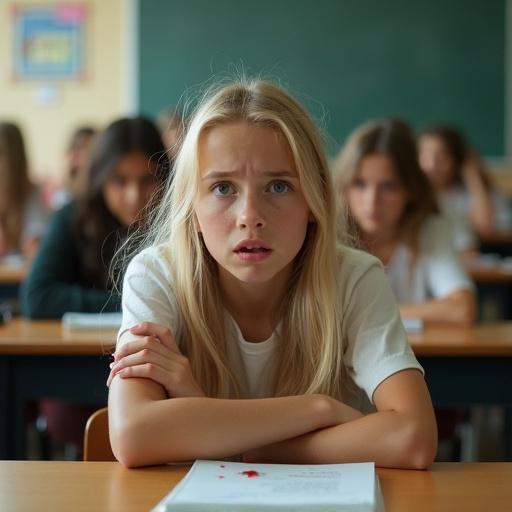Visually striking image of high school girl sitting in classroom. Blonde girl shows distress with blood dripping from nose. Classroom features desks, chairs, and a chalkboard. Captures surprise and vulnerability in girl's expression. Soft dramatic lighting contrasts blonde hair and blood. Other students glance with concern and curiosity. Intense but artistic tone emphasizes emotional impact.