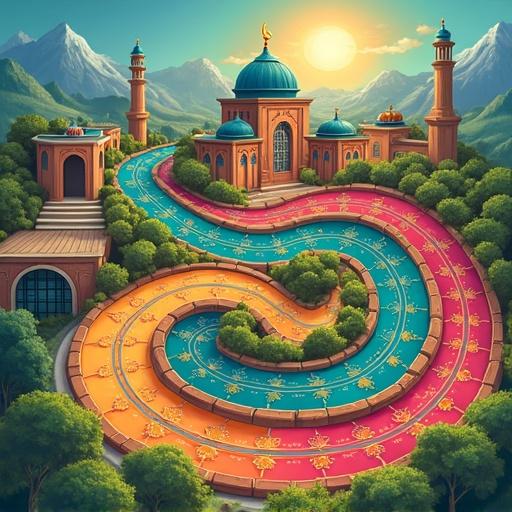 Vibrant game board designed for a table. Colorful winding path with Islamic patterns and architecture. Features stars and mosques along the route. Suitable for a Muslim-themed board game.