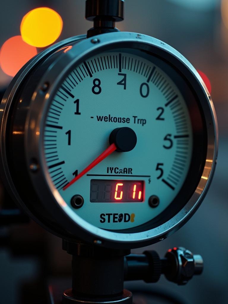 A close-up of a digital, rotatable meter. The meter displays measurements clearly. The background has soft lighting with blurred lights creating a bokeh effect. The focus is on the meter's dial and digital readout.