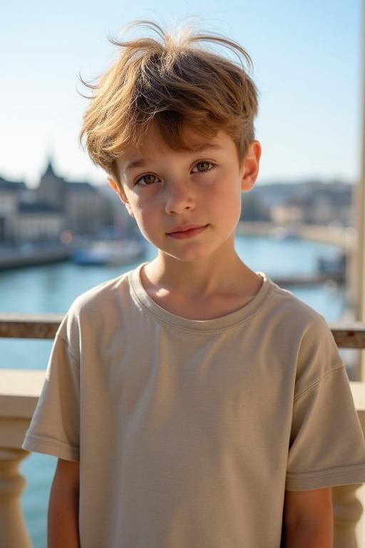 Young boy wearing a long T-shirt stands on a balcony. He has short light brown hair. Background shows a sunny harbor in Normandy. The scene is peaceful and quiet.