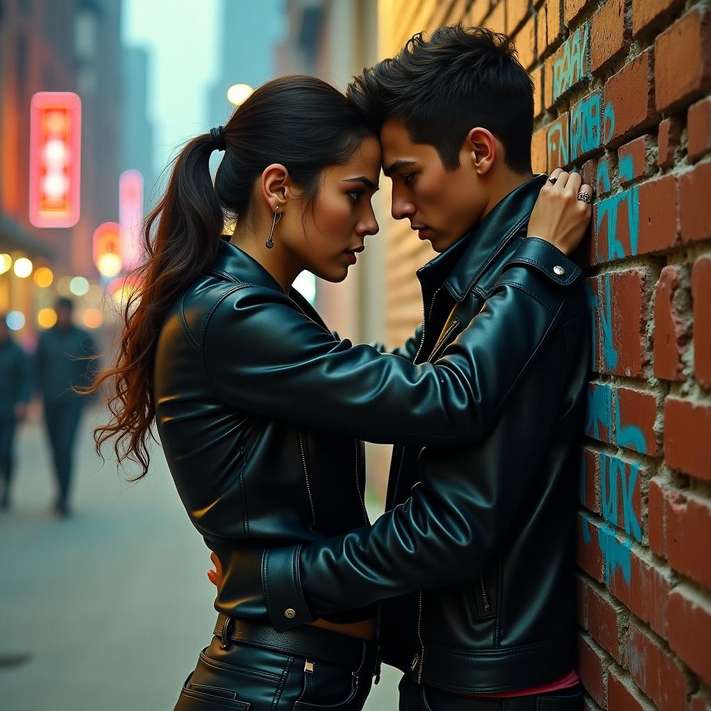 A young woman shows determination in a dark leather jacket and belted leather pants. She grasps the shoulder of a young man with surprise and defeat in his eyes. They are pushed against a graffiti-covered brick wall. The cityscape blurs behind them with muted colors and neon lights. This moment is cinematic and dramatic.