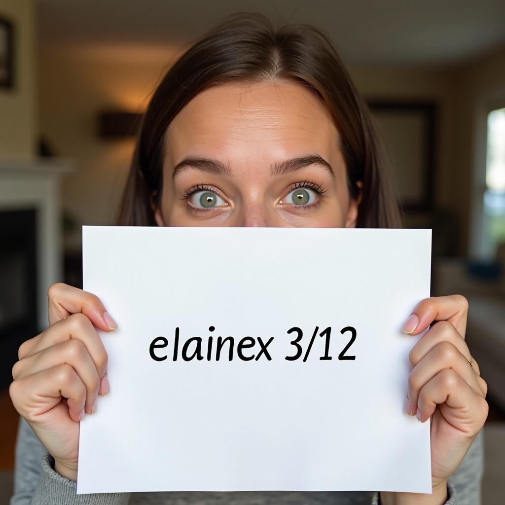 A person is smiling while holding a piece of paper. The text on the paper says 'elainex 3/12'. A joyful and curious expression is seen on the person's face. The background features a living room.