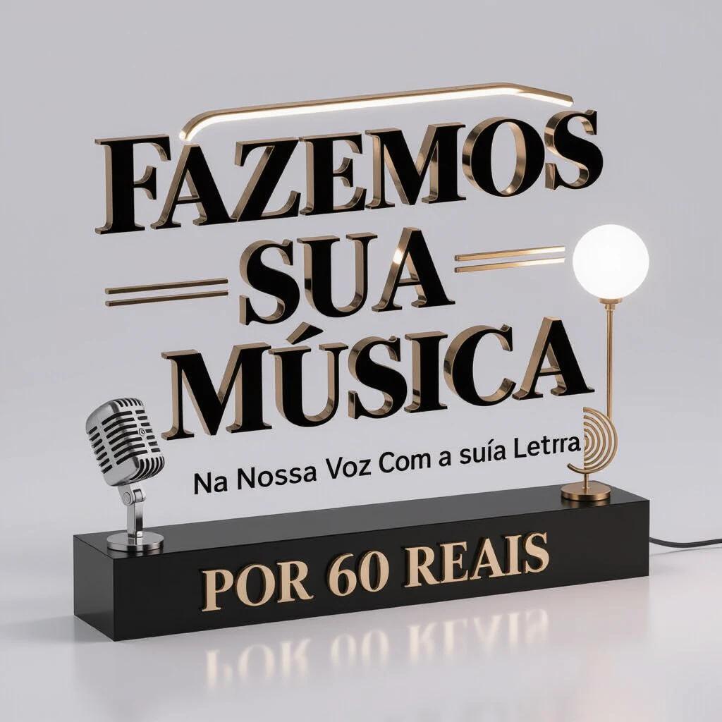 Minimalist 3D scene with white background and soft lighting. Main text 'FAZEMOS SUA MÚSICA' rendered in elegant black 3D font. Below it, 'NA NOSSA VOZ COM A SUA LETRA' in finer 3D typography. Next to the text, a single 3D icon of a vintage microphone and a sound wave icon. At the bottom, text 'POR 60 REAIS' appears clearly yet discreetly. Isometric style, high-quality rendering, focus on design.