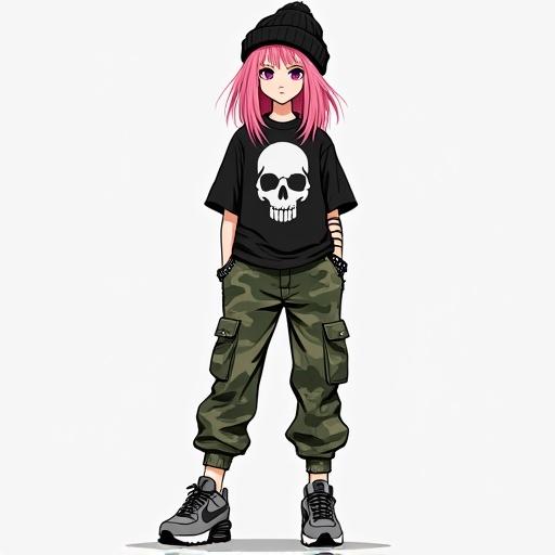 A human girl has long pink hair with a bob cut. She wears a black beanie and spiked accessories. Her shirt is black with a skull graphic. Green camouflage cargo pants. She has grey Nike Air Max 90 trainers. No background is present.