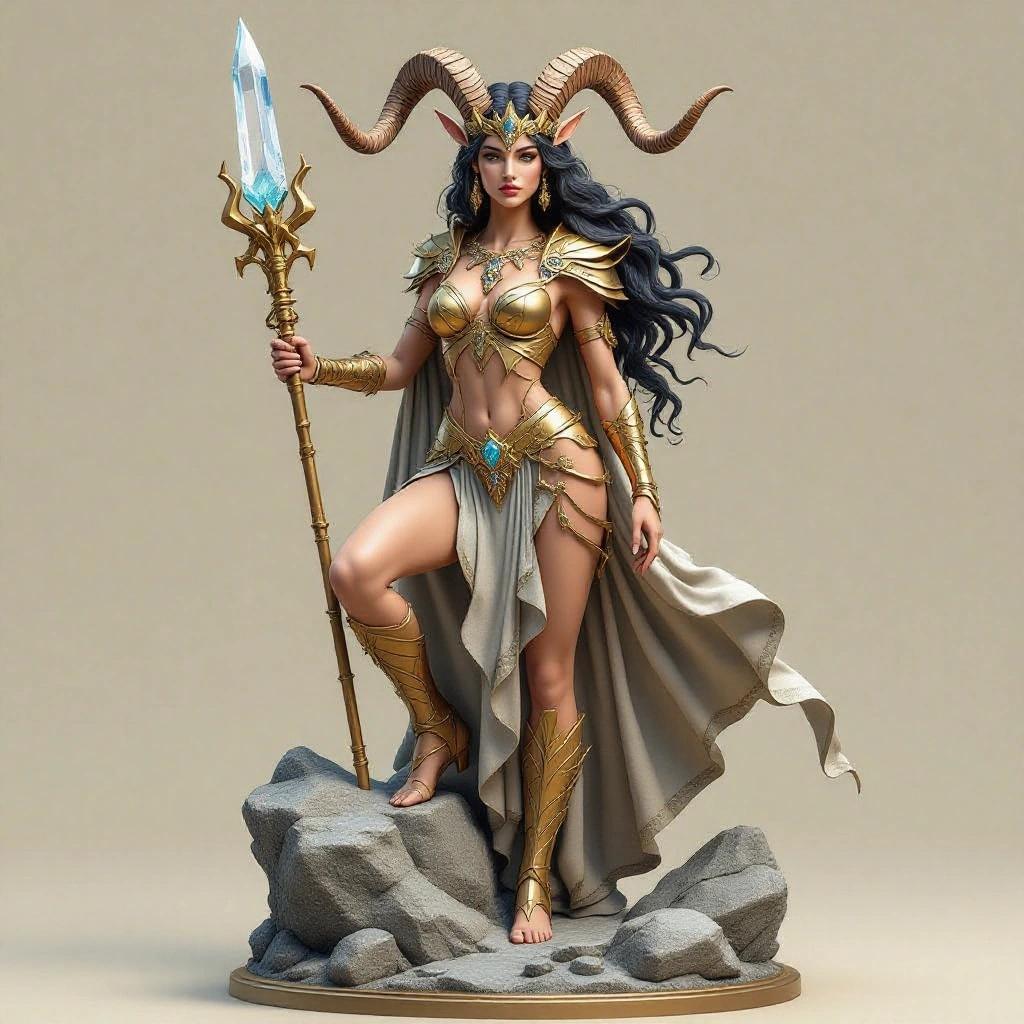 Ultra-detailed digital sculpture of a goddess inspired by Capricorn. A sensual and imposing woman with a strong body stands in a dominant pose, one leg on a sharp rock. Torso turns forward and head held high, conveying ambition. One hand holds a crystal spear, the other on her hip. Wears golden armor with goat horns and stone textures. Long dark hair flows with a tiara of mountain minerals. Base shows a rocky peak. Mythological fantasy aesthetic with dark divine air.