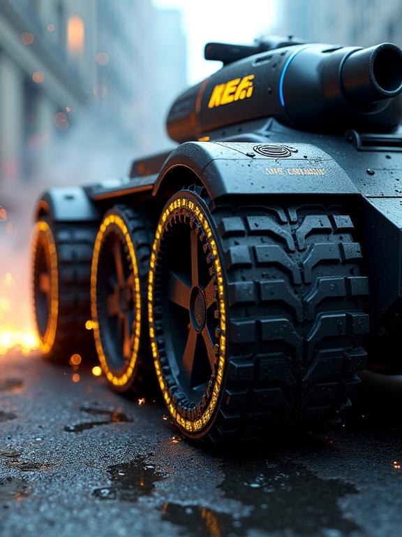 Ultra-modern tank design features wheels made from OEM-quality HNBR timing belts. Wheels reinforced with 311 fiberglass yarns. Industrial texture inspired by ISO 30659. Anti-static coating and heat-resistant rubber cover. KIEK logo embossed in yellow on chrome rims. Chain structure identical to automotive timing belts. Matte black body with neon-blue lighting. Futuristic urban environment with dynamic smoke and sparks. DAkkS GERMANY certificate embossed on wheel body.