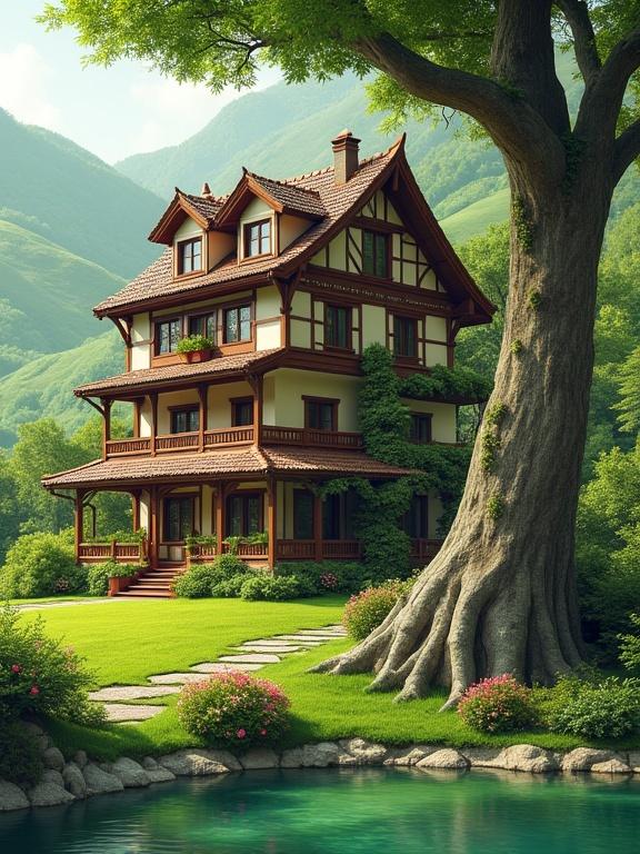 A multi-story house in a lush green landscape. The house has three stories with a brown tiled roof, gables and a chimney. Walls are off-white with brown wooden siding on the ground floor. Rectangular windows have dark brown frames. A large tree with a thick trunk shades part of the house. Rolling green hills are visible in the background along with a calm pond in the foreground.